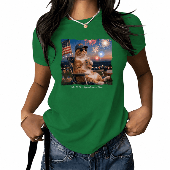 UNISHE Women's Funny 4th of July Cat Graphic Short Sleeve T-Shirt Patriotic American Flag Casual Crewneck Tee