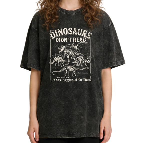 UNISHE Women's Funny Dinosaurs Didn't Read Quote Washed Black Tee Crewneck