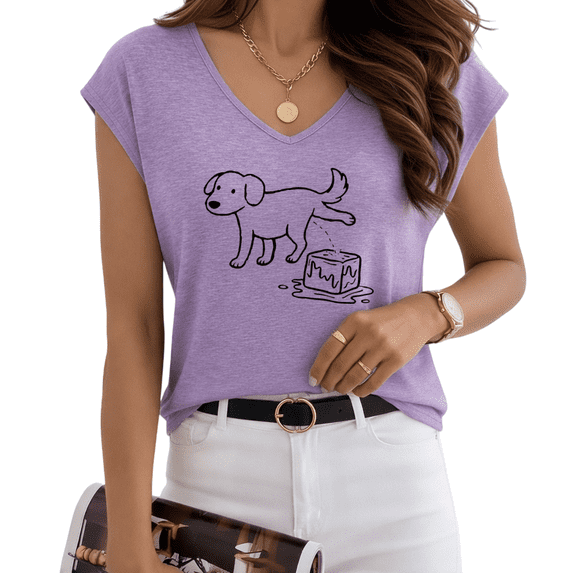 UNISHE Women's Funny Dog Ice Graphic V-Neck Sleeveless T-Shirt Purple Summer Tee