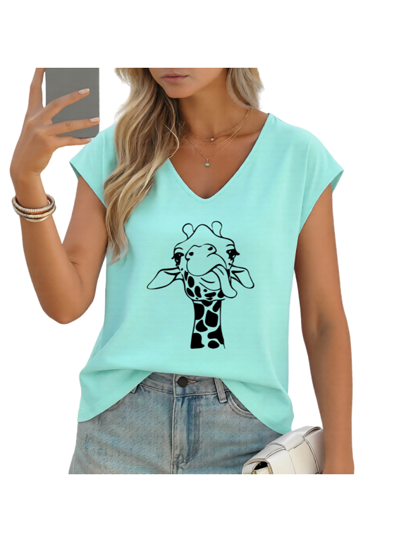 Women's Funny Giraffe Licking Face Black Line Art V-Neck Sleeveless T-Shirt Casual Summer Tank Top