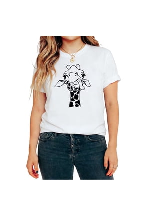 Women's Funny Giraffe Tongue Out Minimalist Line Art Graphic Short Sleeve T-Shirt Casual Cute Animal Lover