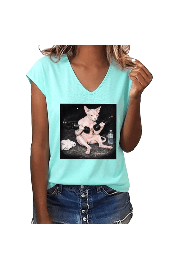 Women's Funny Muscular Hairless Sphynx Cat Lifting Weights Graphic V-Neck Short Sleeve Casual Gym Pet Lover T-Shirt Top