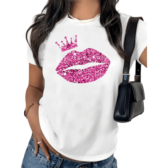 UNISHE Women's Funny Princess Lips Graphic Tee Glitter Crown Short Sleeve Crewneck T-Shirt Casual S-5XL