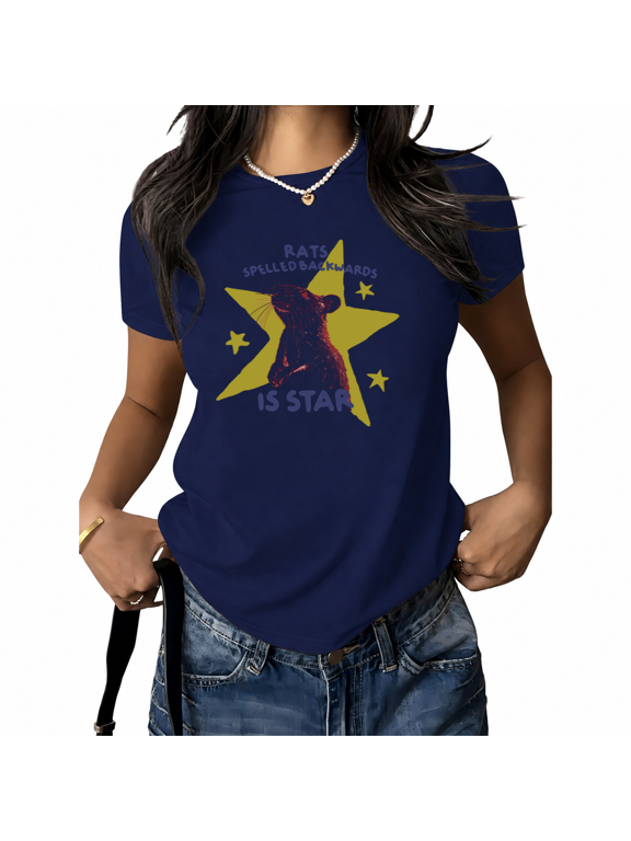 Women's Funny Rat Star Wordplay Graphic Short Sleeve T-Shirt Sarcastic Meme Humor Crewneck Tee Comfortable Cotton Casual Summer Top Plus Size S-5XL