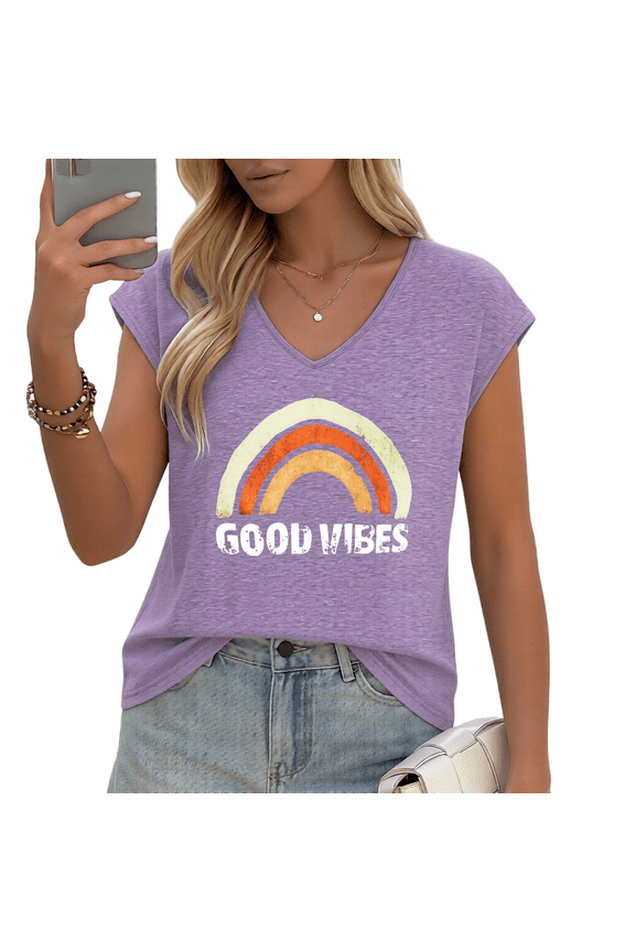 Women's "GOOD VIBES" Watercolor Rainbow V-Neck Sleeveless T-Shirt Breathable Summer Tank Top