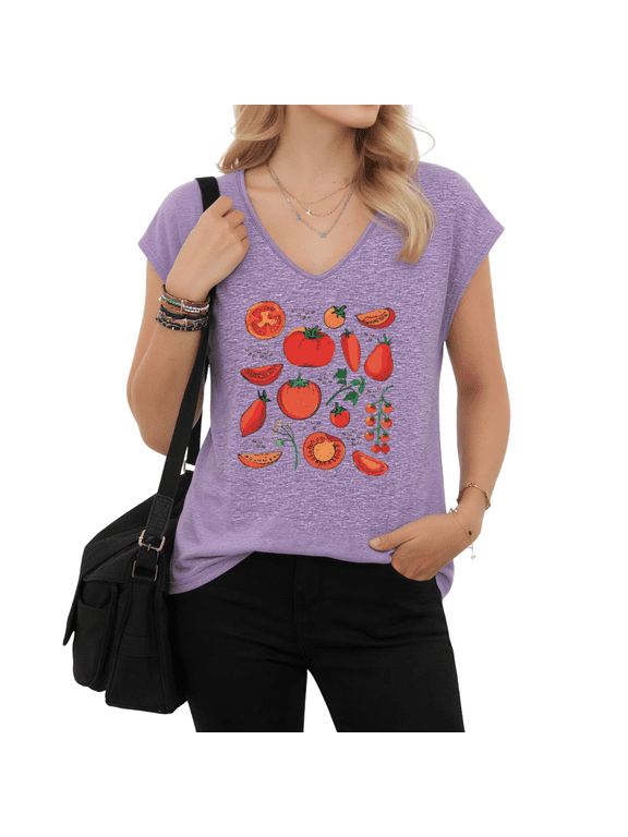Women's Garden Harvest Graphic V-Neck Short Sleeve T-Shirt Mint Green Fresh Farm Casual Top