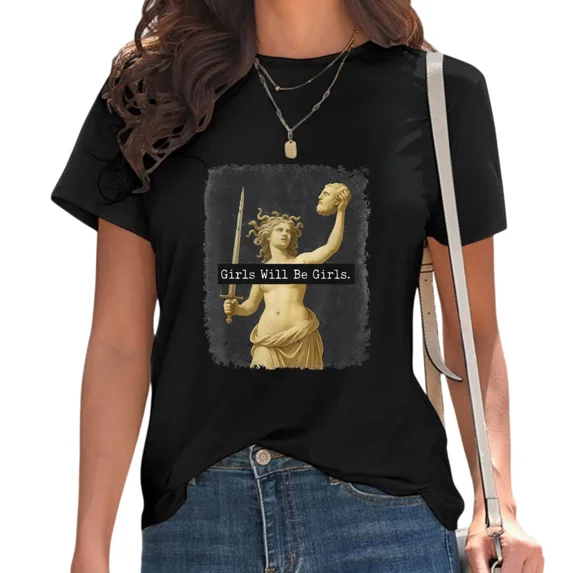 UNISHE Women's Girls Will Be Girls Medusa Graphic Tee Sarcastic Casual Shirt for Daily Outfit Black, S