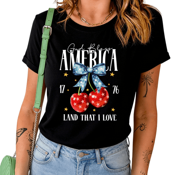 UNISHE Women's God Bless America 1776 Cherry Bow Patriotic Graphic Black Short Sleeve T-Shirt Casual Cotton Crewneck Top