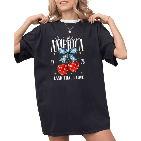 UNISHE Women's God Bless America Cherry Coquette Graphic Short Sleeve T-Shirt Black S-5XL Casual Crewneck Top