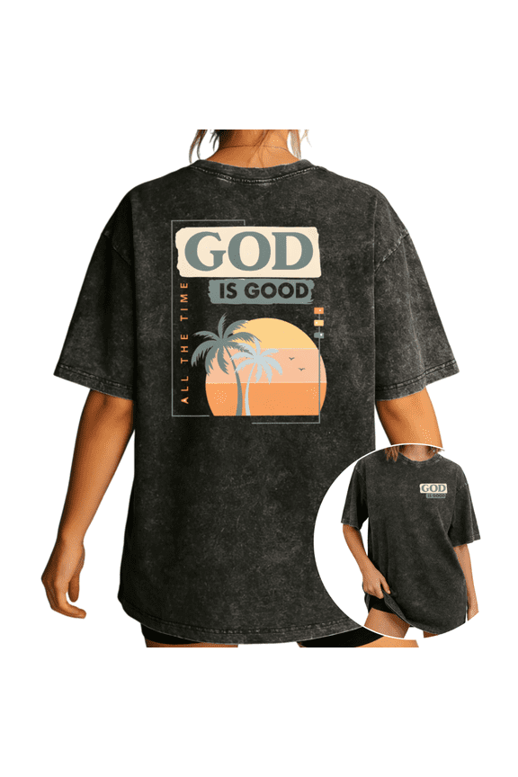 Women's God Is Good All The Time Sunset Palm Tree Christian Coastal Graphic Washed T-Shirt Short Sleeve Relaxed Fit Tee