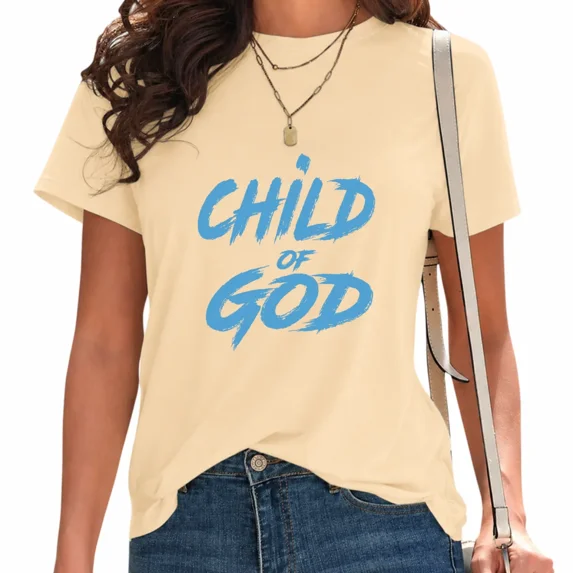 UNISHE Women's God Print Christian Saying Short Sleeve Top Aesthetic Worship Graphic Shirt Beige, 2XL