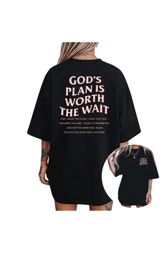 Women's "God's Plan Is Worth The Wait" Jeremiah 29:11 Christian Graphic Short Sleeve T-Shirt Casual Cotton Crewneck Top
