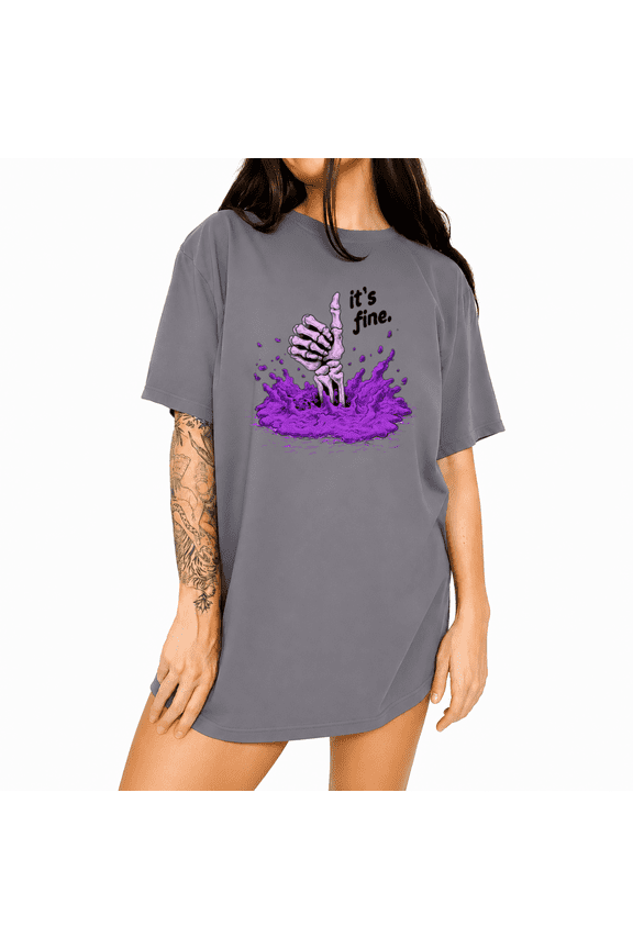 Women's Goth Gloomy Lady Thumbs Up Purple Sludge Skeleton Dry Humor Graphic Short Sleeve T-Shirts Grey Tops