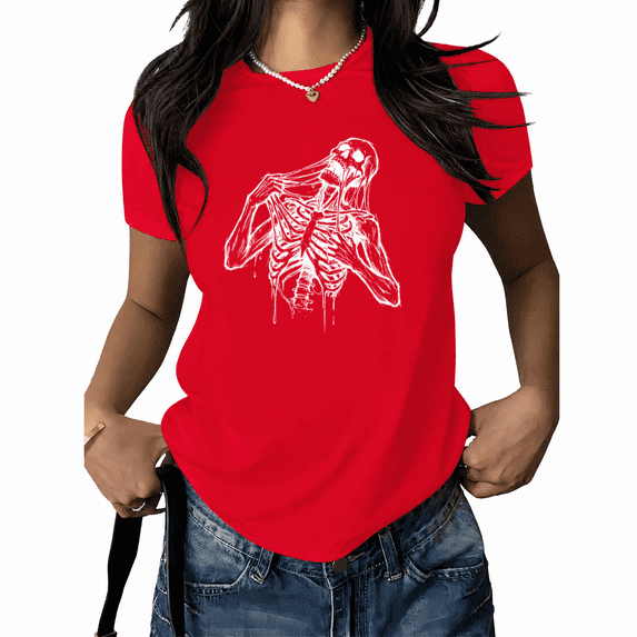 UNISHE Women's Goth Skeleton Graphic T-Shirt High Contrast Grunge Tee Dark Streetwear Summer Top