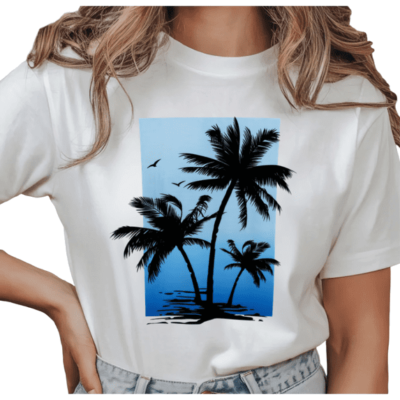 UNISHE Women's Gradient Blue Palm Tree Silhouette Graphic Short Sleeve T-Shirt Casual Cotton Crewneck Top