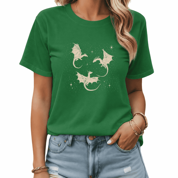 UNISHE Women's Green Celestial Dragon Graphic Short Sleeve T-Shirt Summer Daily Top