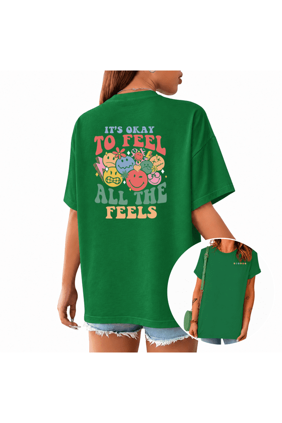 Women's Green Mental Health T-Shirts Retro Smiley Face Graphic Short Sleeve Crewneck Tops