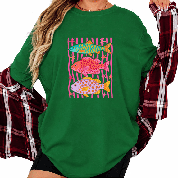UNISHE Women's Green Pop Art Tiger Striped Fish Pink Striped Graphic Short Sleeve T-Shirt Relaxed Fit Top