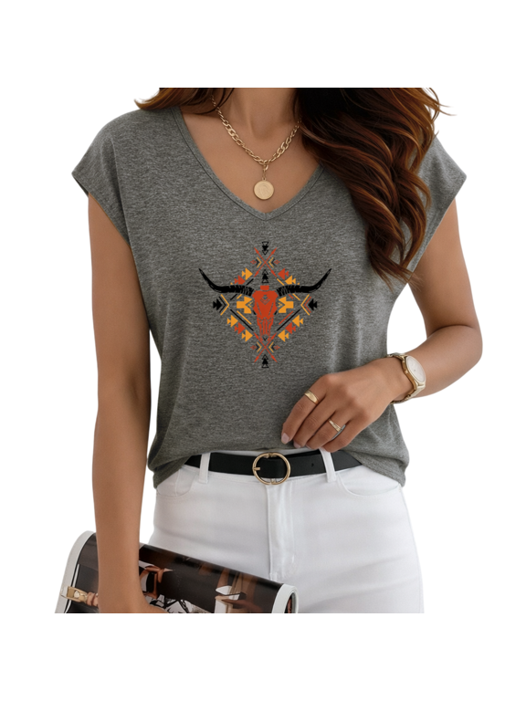 Women's Grey Aztec Geometric Longhorn Cow Skull Graphic V-Neck Sleeveless T-Shirt Southwest Boho Casual Tank Top