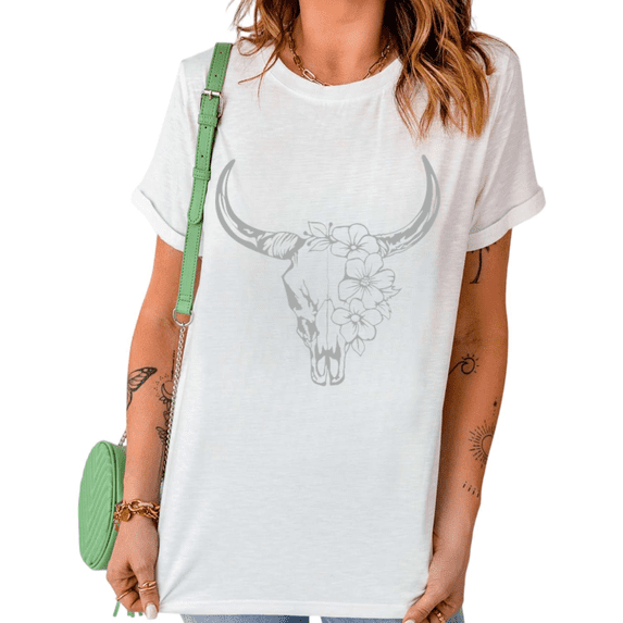 UNISHE Women's Grey Floral Longhorn Bull Skull Line Graphic Short Sleeve T-Shirt Western Boho Cowgirl Crewneck Cotton Casual Top