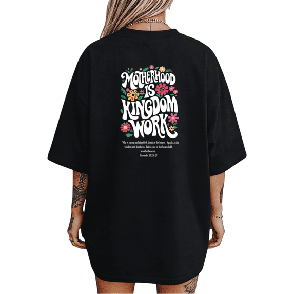 UNISHE Women's Groovy Floral "Motherhood Is Kingdom Work" Christian Short Sleeve T-Shirt Casual Cotton Crewneck Top