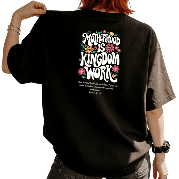 UNISHE Women's Groovy Floral "Motherhood Is Kingdom Work" Christian Short Sleeve T-Shirt Casual Cotton Crewneck Top
