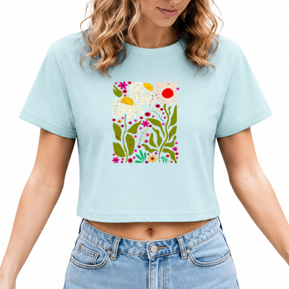 UNISHE Women's Groovy Retro Floral Graphic Crop Tops Crew Neck Short Sleeve Tees Trendy Summer Fun Daisy Art Print Shirts