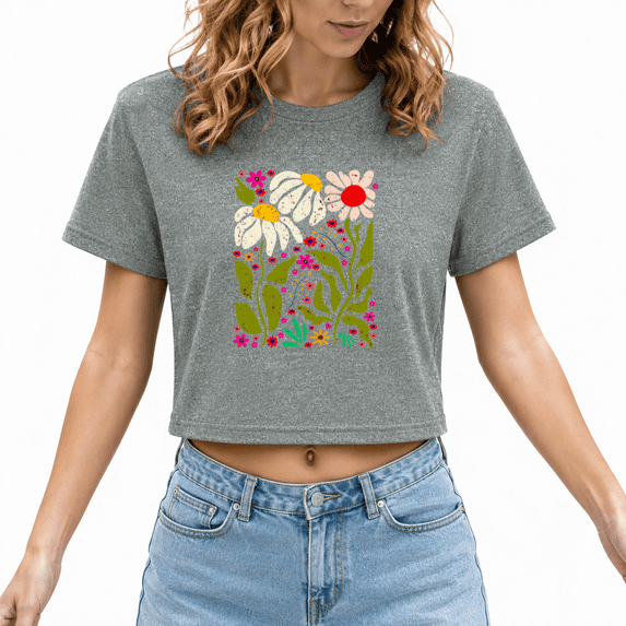 UNISHE Women's Groovy Retro Floral Graphic Crop Tops Crew Neck Short Sleeve Tees Trendy Summer Fun Daisy Art Print Shirts