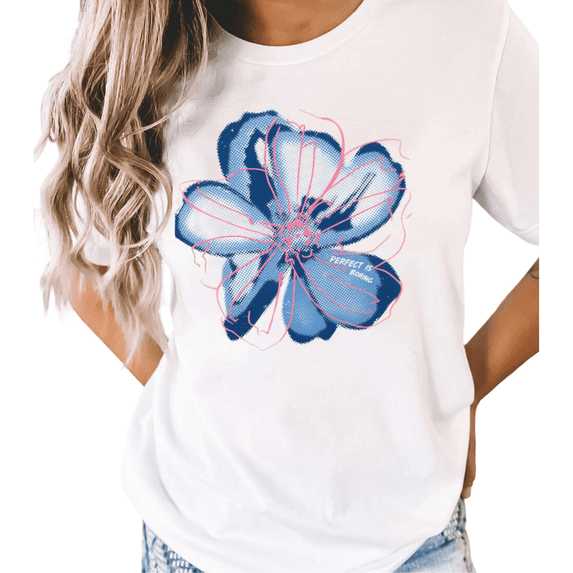 UNISHE Women's Grunge Blue Flower "Perfect Is Boring" Quote Graphic White Short Sleeve T-Shirt Casual Crewneck S-5XL Top