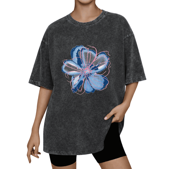 UNISHE Women's Grunge Dot Texture Abstract Single Blue Floral Art Vintage Washed T-Shirt Crew Neck Short Sleeve Boxy Baggy Fit Distressed Cotton Aesthetic Summer Casual Shirt