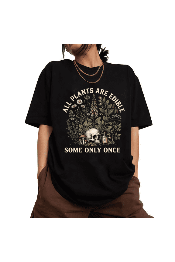 Women's Grunge Vintage Wild Herb Poison Floral Mushroom Skull Sarcastic Plant Quote Graphic Short Sleeve T-Shirts Black Tops