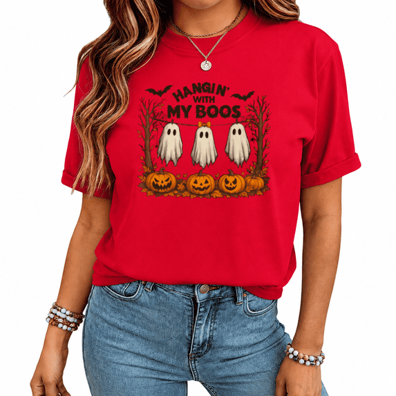 UNISHE Women's HANGIN' WITH MY BOOS Halloween Ghost Graphic Tee Playful Short Sleeve Crewneck Top