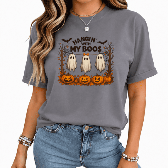 UNISHE Women's HANGIN' WITH MY BOOS Halloween Ghost Graphic Tee Playful Short Sleeve Crewneck Top