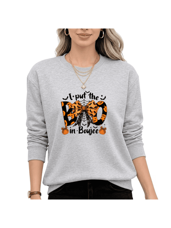 Women's Halloween Bow Slogan I Put The Boo In Boujee Graphic Sweatshirt Festive Crewneck Pullover Seasonal
