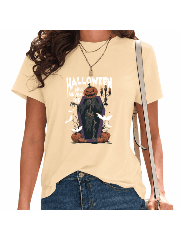 Women's Halloween Coffin Skeleton Graphic T-Shirt Dark Retro Pumpkin Spooky Fashion Short Sleeve Top