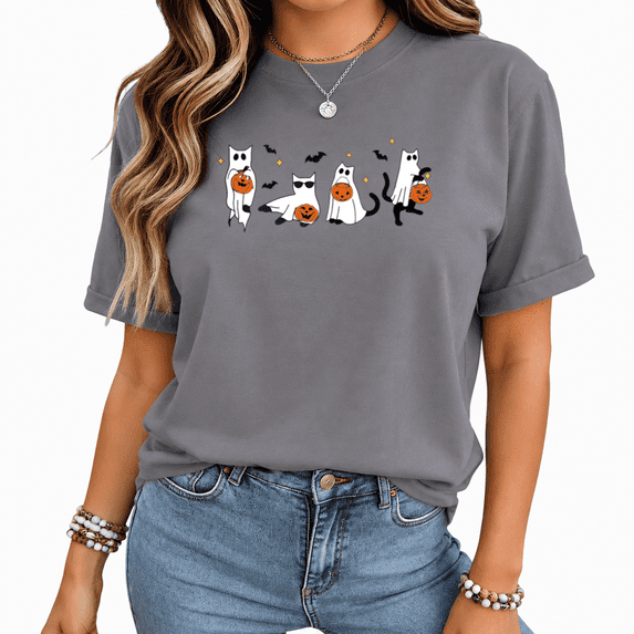 UNISHE Women's Halloween Ghost Cat Pumpkin Casual Tee Simple Black Orange Crewneck Short Sleeve Graphic Top