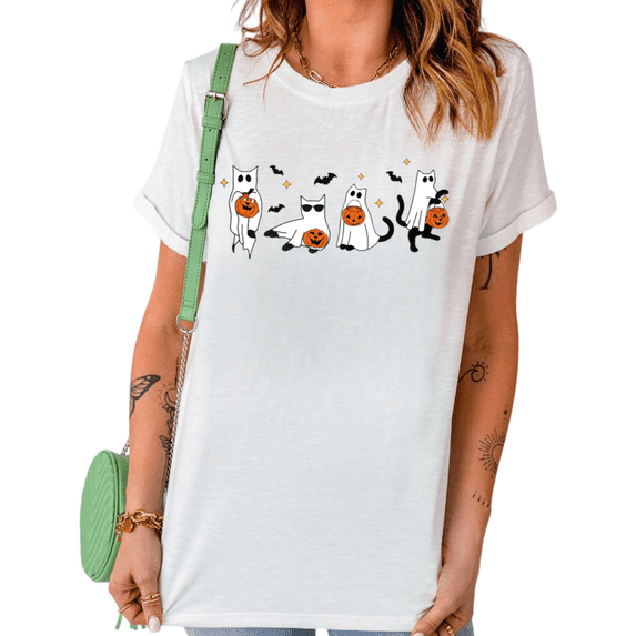 UNISHE Women's Halloween Ghost Cat Pumpkin Casual Tee Simple Black Orange Crewneck Short Sleeve Graphic Top