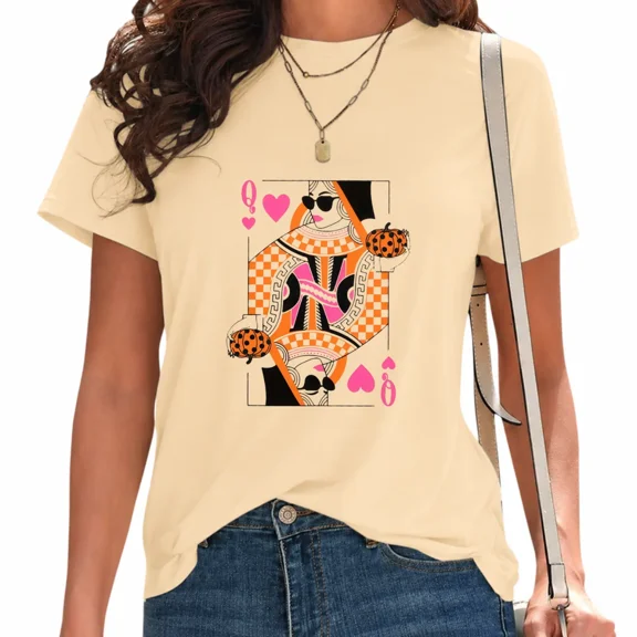 UNISHE Women's Halloween Pumpkin Poker Card Shirt Cute Checkerboard Fall Graphic Tee Beige, L