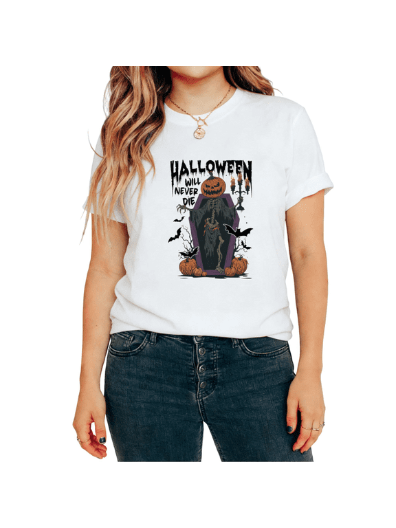 Women's Halloween Will Never Die Coffin Print T-Shirt Gothic Retro Festive Statement Short Sleeve Top