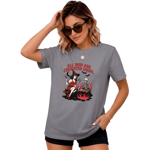 UNISHE Women's Halloween Witch Skeleton Humor Graphic Tee Retro Dark Art Short Sleeve Top Everyday Seasonal Outfit