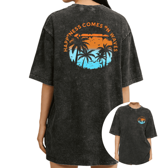 UNISHE Women's "Happiness Comes In Waves" Sunset Beach Vintage Washed T-Shirt Short Sleeve Distressed Relaxed Fit Tee