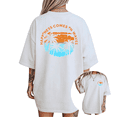 thumbnail image 1 of UNISHE Women's "Happiness Comes In Waves" Tropical Sunset Palm Tree Graphic Short Sleeve T-Shirt Casual Cotton Crewneck Top, 1 of 5