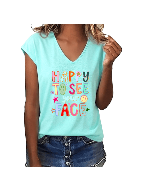 Women's Happy To See Your Face Smiley Star Colorful Retro Letter Graphic V-Neck Casual T-Shirt Top