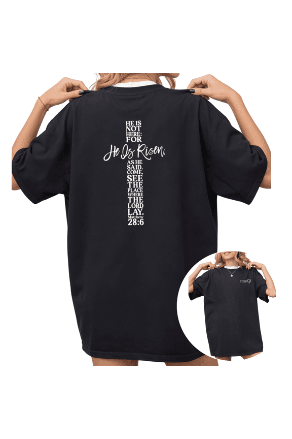 Women's "He Is Risen" Vertical Scripture Easter Christian Graphic Short Sleeve T-Shirt Casual Cotton Crewneck Top