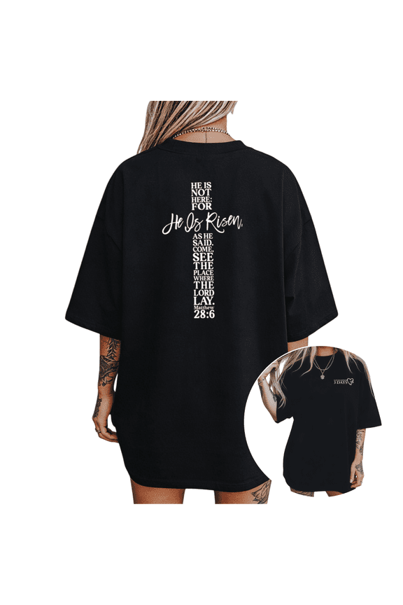 Women's "He Is Risen" Vertical Scripture Easter Christian Graphic Short Sleeve T-Shirt Casual Cotton Crewneck Top