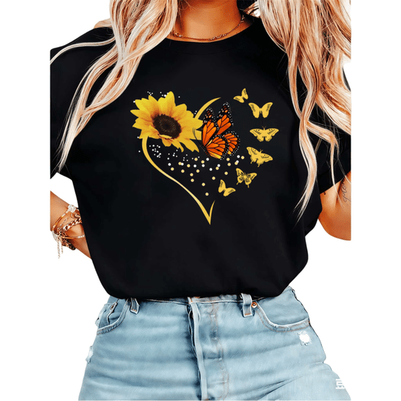 UNISHE Women's Heart Shaped Sunflower and Butterflies Graphic Short Sleeve T-Shirt Casual Cotton Crewneck Top