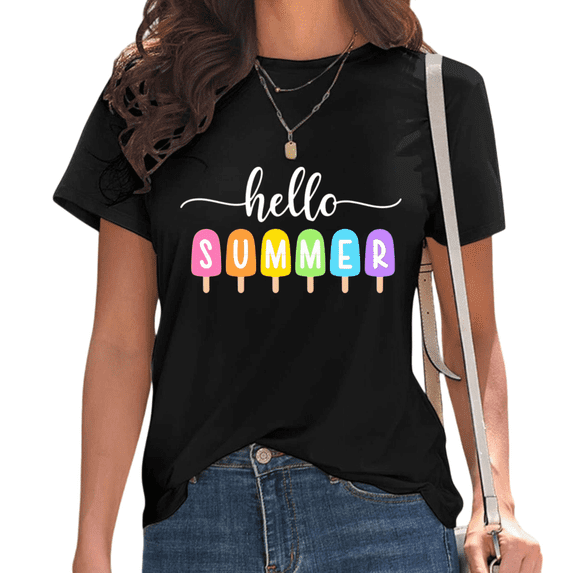 UNISHE Women's Hello Summer Cute Colorful Popsicle Graphic Casual Crew Neck Short Sleeve T-Shirt Top