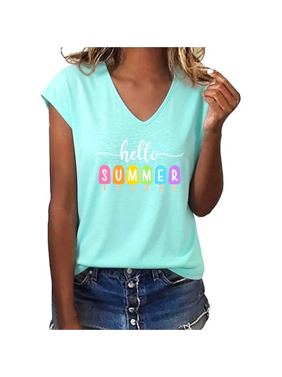 Women's Hello Summer Cute Colorful Popsicle Letter Graphic V-Neck Short Sleeve Casual Lightweight Happy Summer Vacation T-Shirt Top