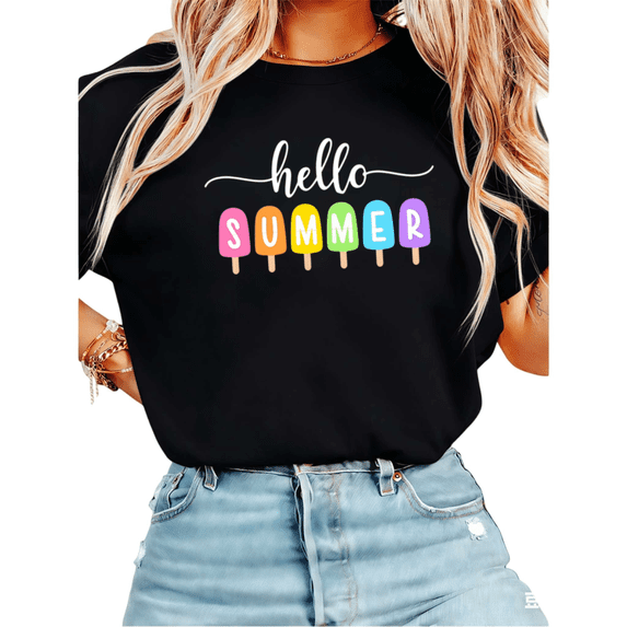 UNISHE Women's Hello Summer Popsicle Graphic Short Sleeve T-Shirt Casual Cotton Crewneck Top