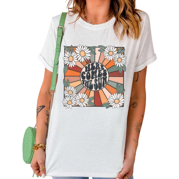 UNISHE Women's "Here Comes The Sun" Retro Floral Graphic Crew Neck Short Sleeve T-Shirt Casual Tee